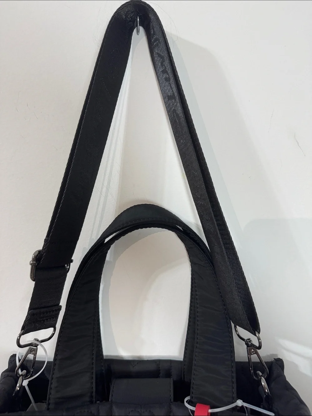 Luv Betsey Black Quilted Heart Tote with Red Heart Pom Accent - Size Medium